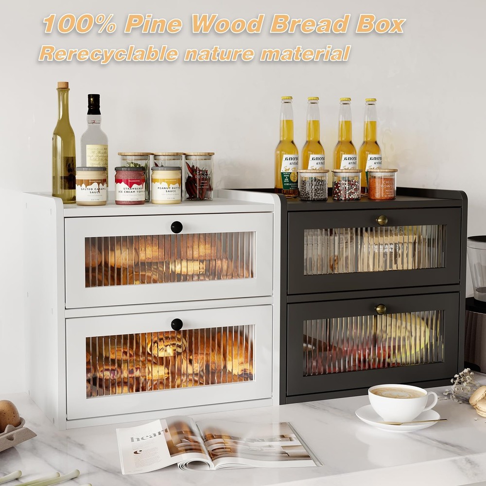 Alpeir Double Layer Large Bread Box for Kitchen Counter, Wooden Large, White