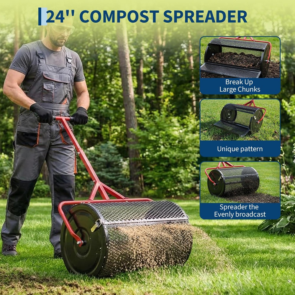 Compost Spreader, 24'' Peat Moss Spreader w/T Shaped Handle, 3 Height Adjustable
