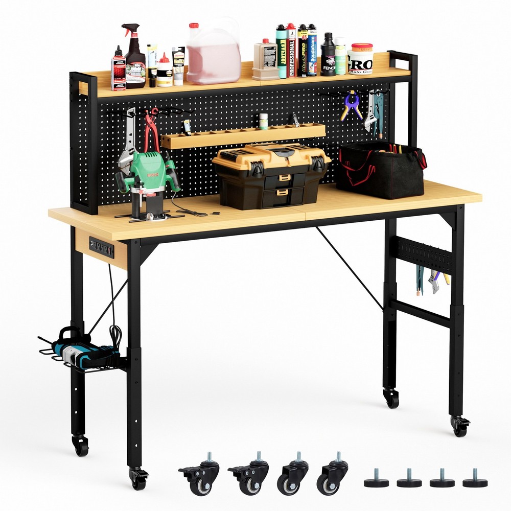 71" Adjustable Work Bench Table w Pegboard Rolling Wheels AC/USB Outlets 2000LB
