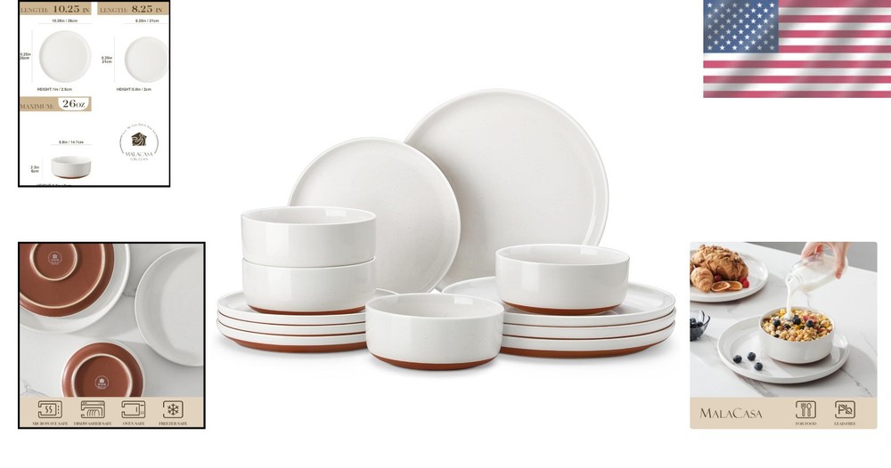 TARA 12-Pc Modern Stoneware Dinnerware Set for 4 - Microwave & Dishwasher Safe