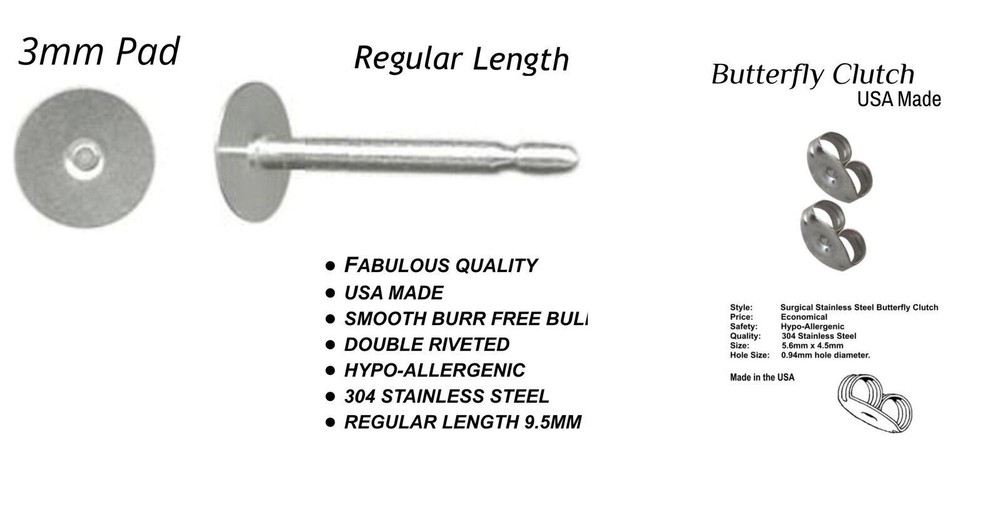 Earstuds:100 x 3mm USA Studs - Butterfly Clutch
