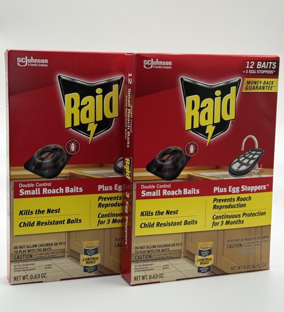 2 RAID Small Roach Baits (12) + Egg Stoppers (3) NIB