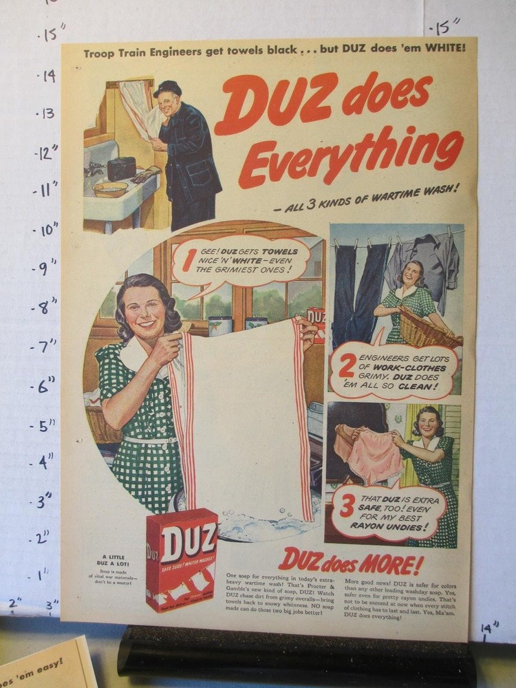 newspaper ad 1944 DUZ laundry soap detergent WWII troop train engineer