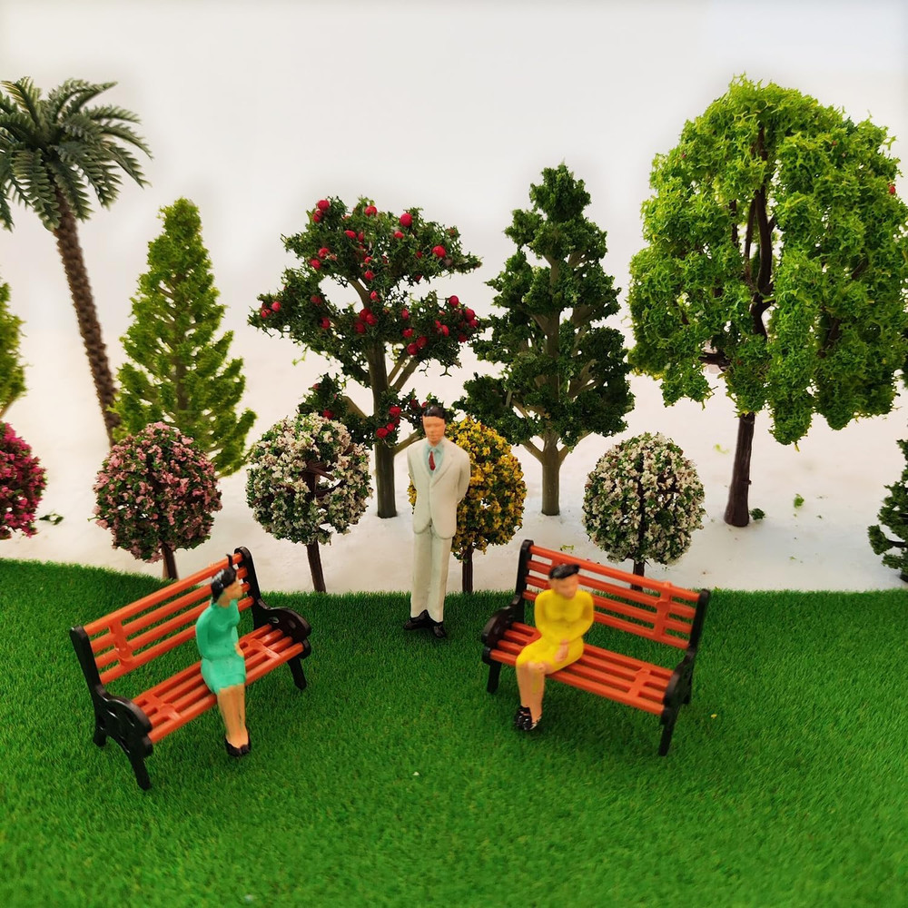 Model Scenery Kit, 47Pcs, Painted Figures, Model Train Scenery, Miniature Trees,