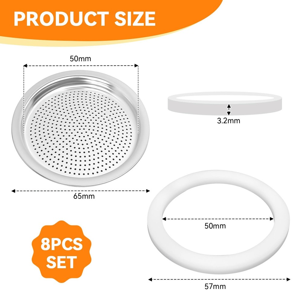 Moka Pot Replacement Gasket and Filter, 6 + 2 Filter 3/4cup, White
