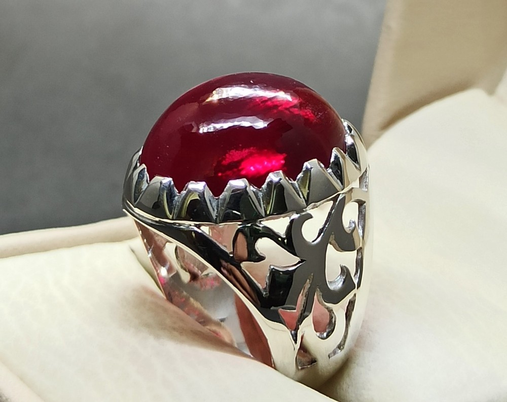Cabochon Deep Red Ruby Men’s Ring 925 Sterling Silver Handmade Yakoot Rubin