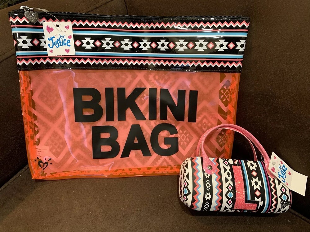 JUSTICE BIKINI BAG & SUNGLASS CASE INITIAL (B,C,J,L)AZTEC BRIGHTLY COLORED WOW!!