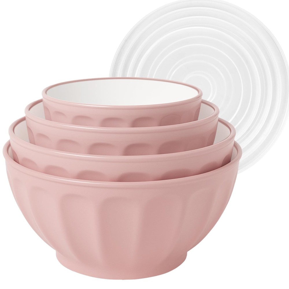 4 Pack Plastic Mixing Bowls with Lids Set Large Nesting Bowl Pink
