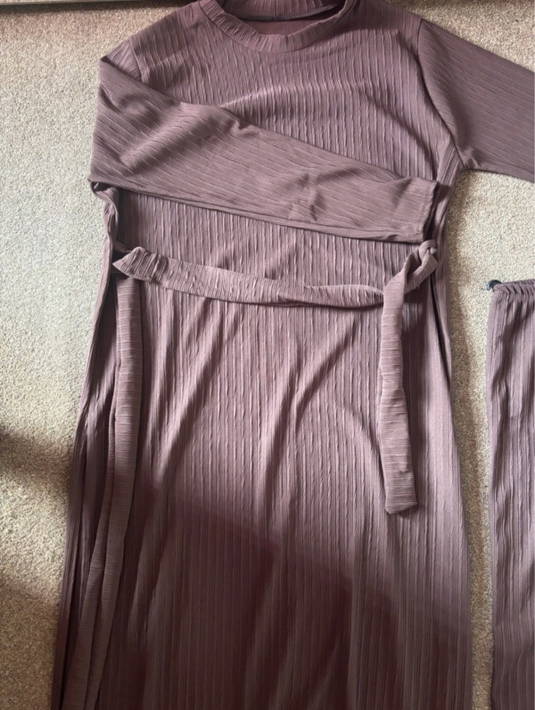 Brown Ribbed Lounge Set Co-Ord Two-Piece with Belt, OneSize