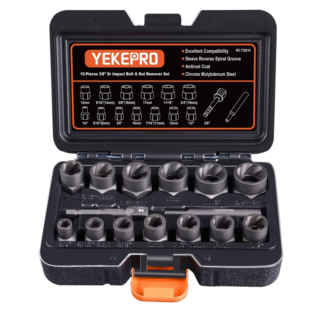 YEKEPRO 15pc Bolt Extractor Set 3/8" Drive Impact Easy Out Socket Remover