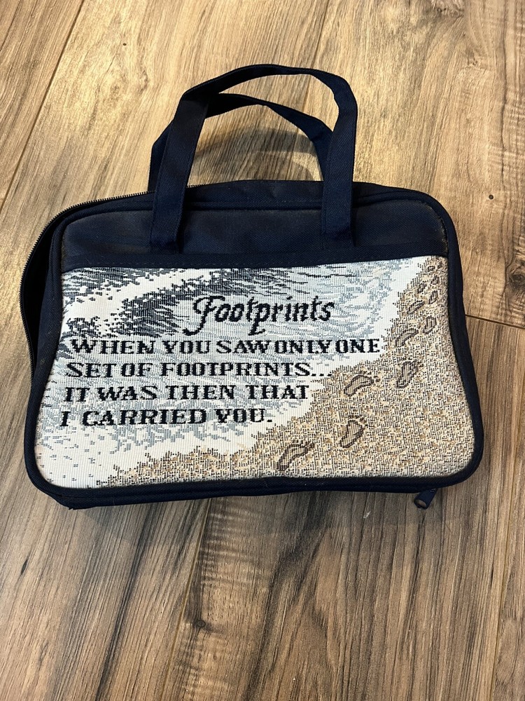 Footprints Inspirational Scripture Canvas Bible Bag Tote Navy Blue Religious