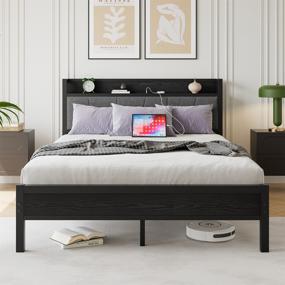Queen Size Bed Frame Metal Platform Bed w/ Storage Headboard & Charging Station