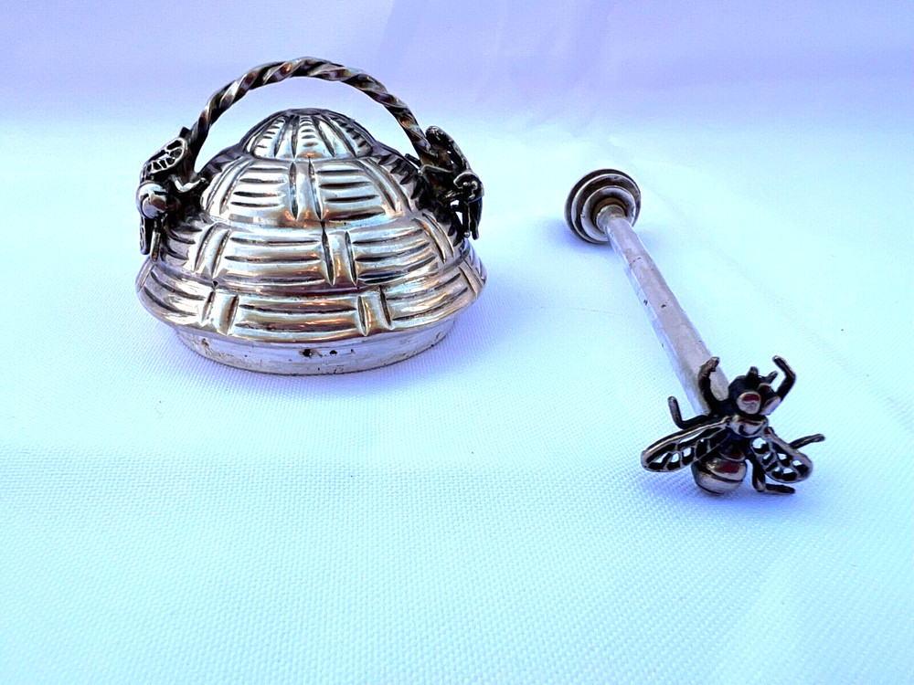 MAGNIFICENT 1900'S STERLING SILVER HONEY JAR WITH SPOON