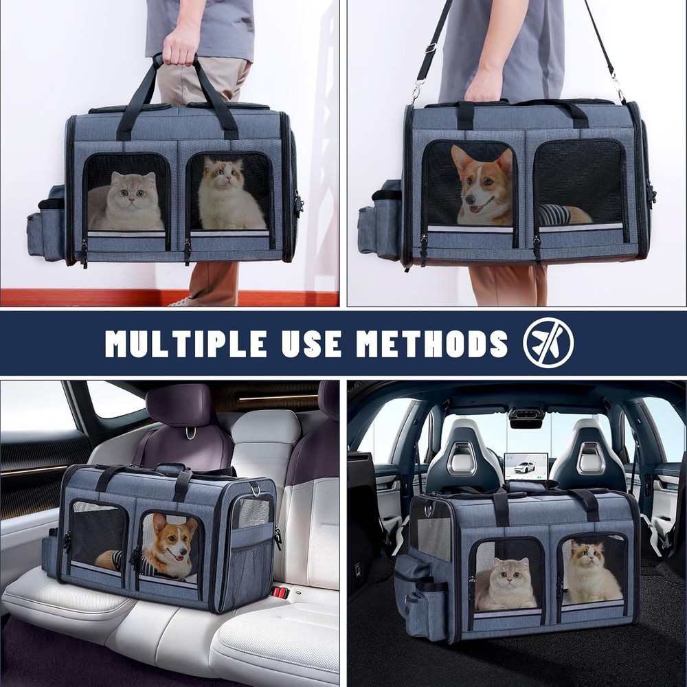 Stylish 2 Cat Carrier with Front Zippered Compartments - Foldable Grey Design