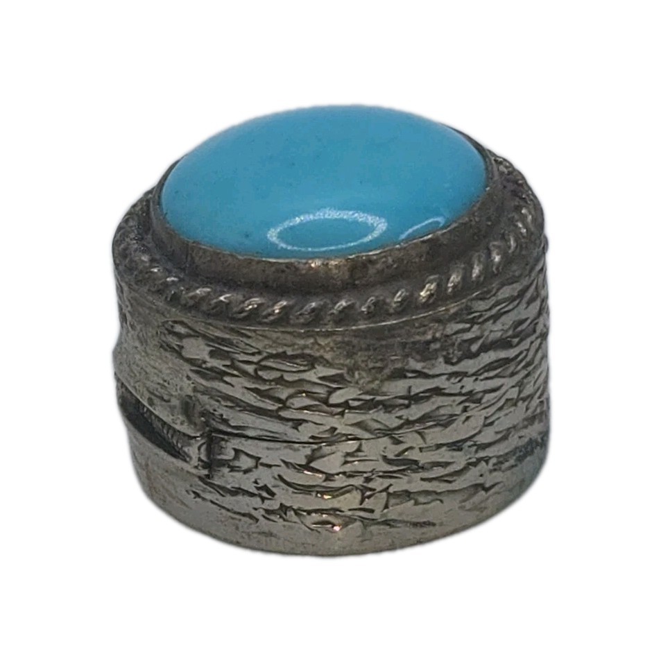 Antique Genuine Turqoise Cabochon Solid 800 Silver Hinged Pill/Snuff Box 1-1/4"D