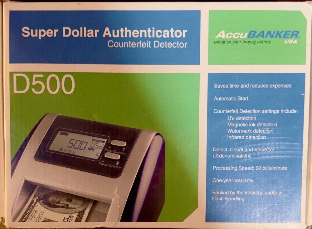 NEW in Box~AccuBANKER D500~5-Point Counterfeit Bill Detector & Value Machine