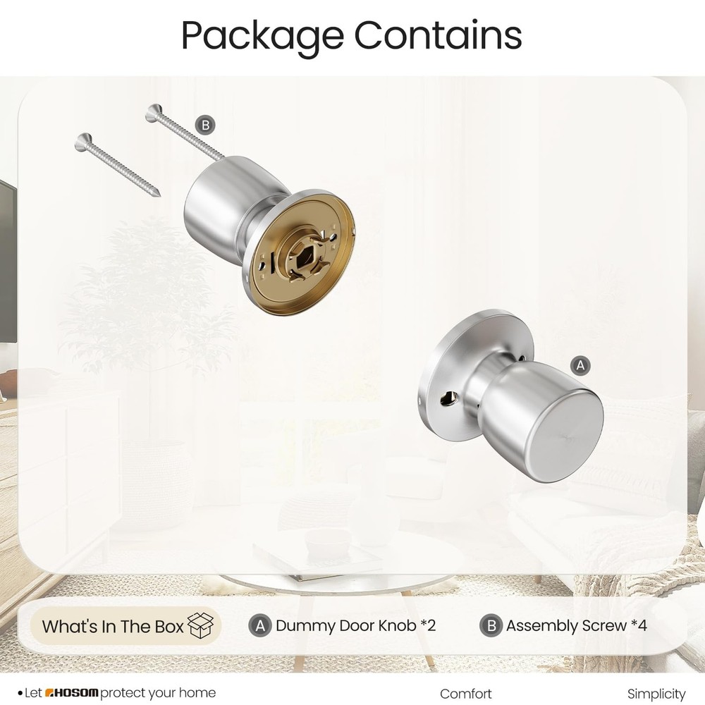 HOSOM 2 Pack Dummy Door Knobs, Keyless Closet Knobs 2 Pack, Satin Nickel