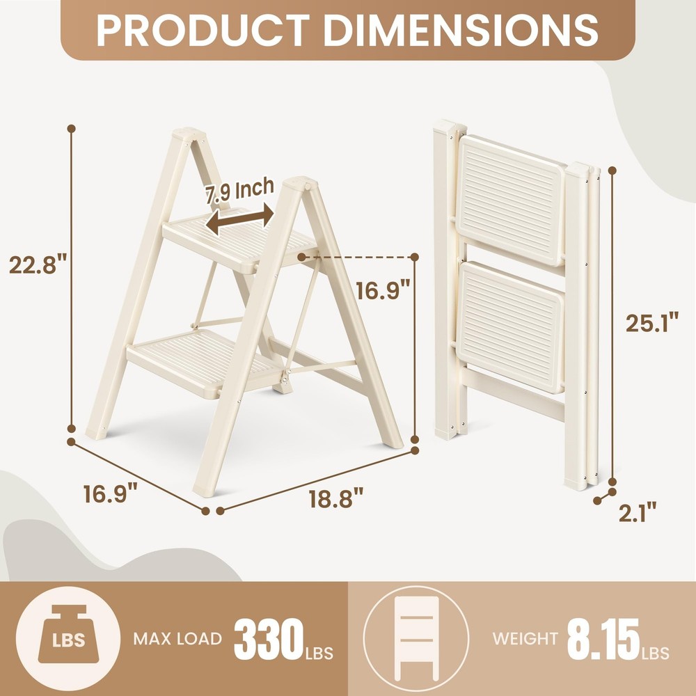 GameGem 2 Step Ladder Folding Stool with Wide 2 STEP, Cream White