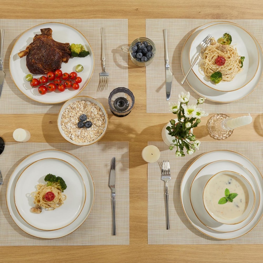 18 Piece White Reactive Glaze Dinnerware Set for 6, Irregular Coastal Shape Ston