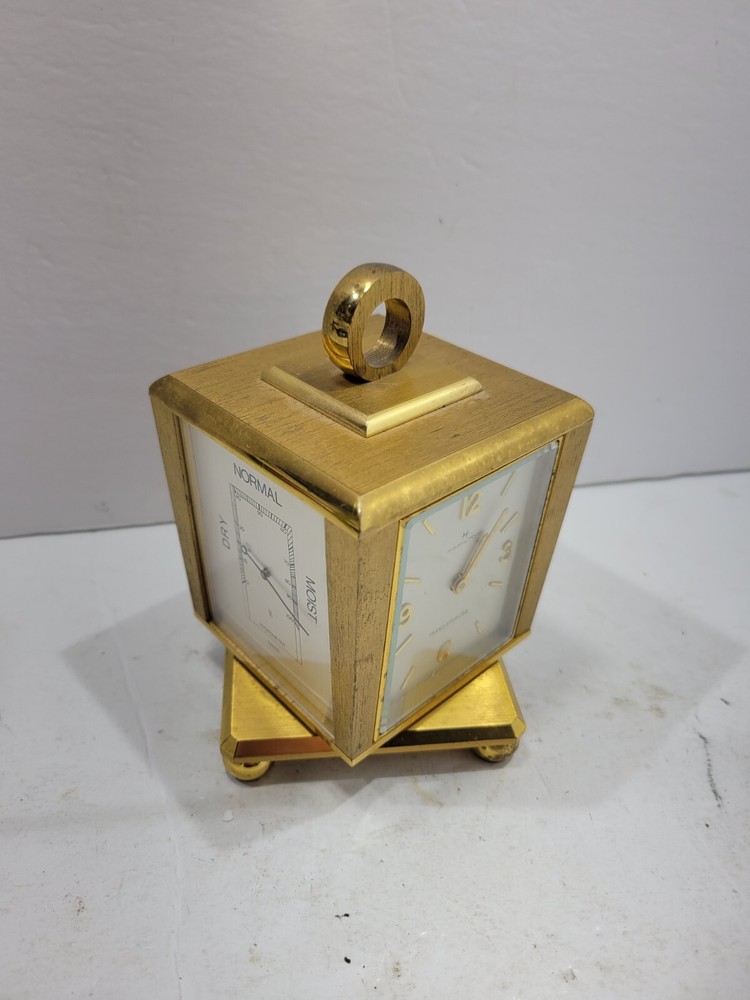 Hamilton Transistorized Weather Stations Desk Square Shaped Analog Clock - Gold