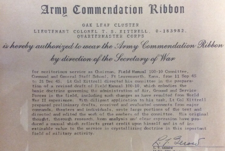 1945 US Army Citation Oak Leaf Cluster Commendation Ribbon Historical Document