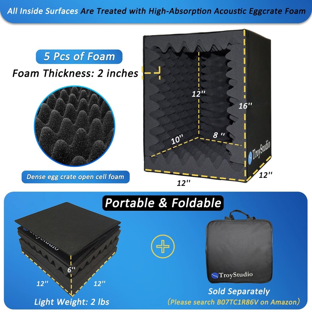TroyStudio Portable Vocal Booth, Large Foldable Microphone Isolation Shield, ...