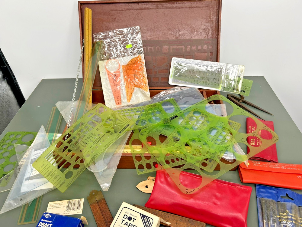 LARGE VINTAGE Tool Lot: Drafting Instruments, Precision Files, Templates & Case