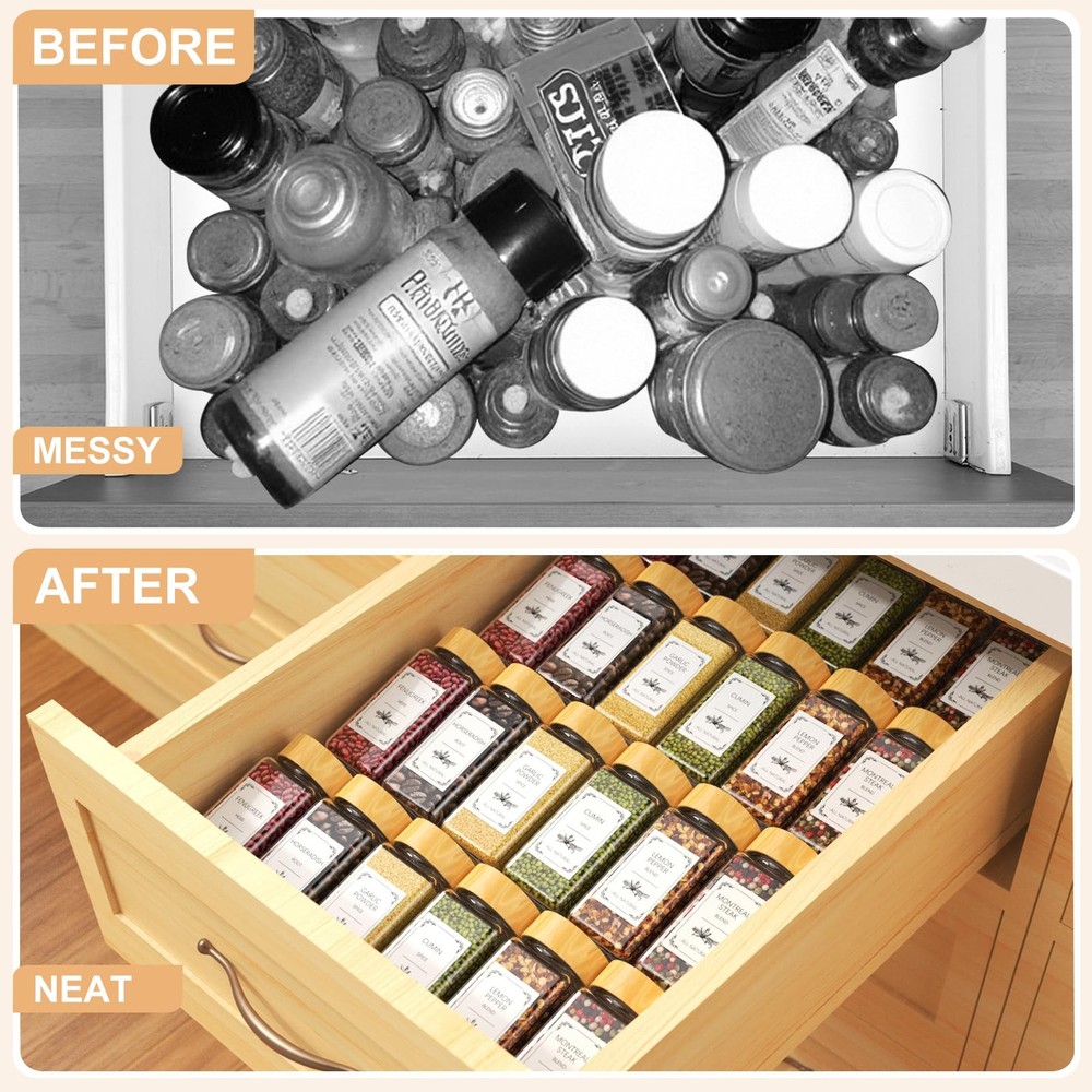 Spice Jars Set with Rack & Labels - Expandable Organizer for Kitchen Drawer