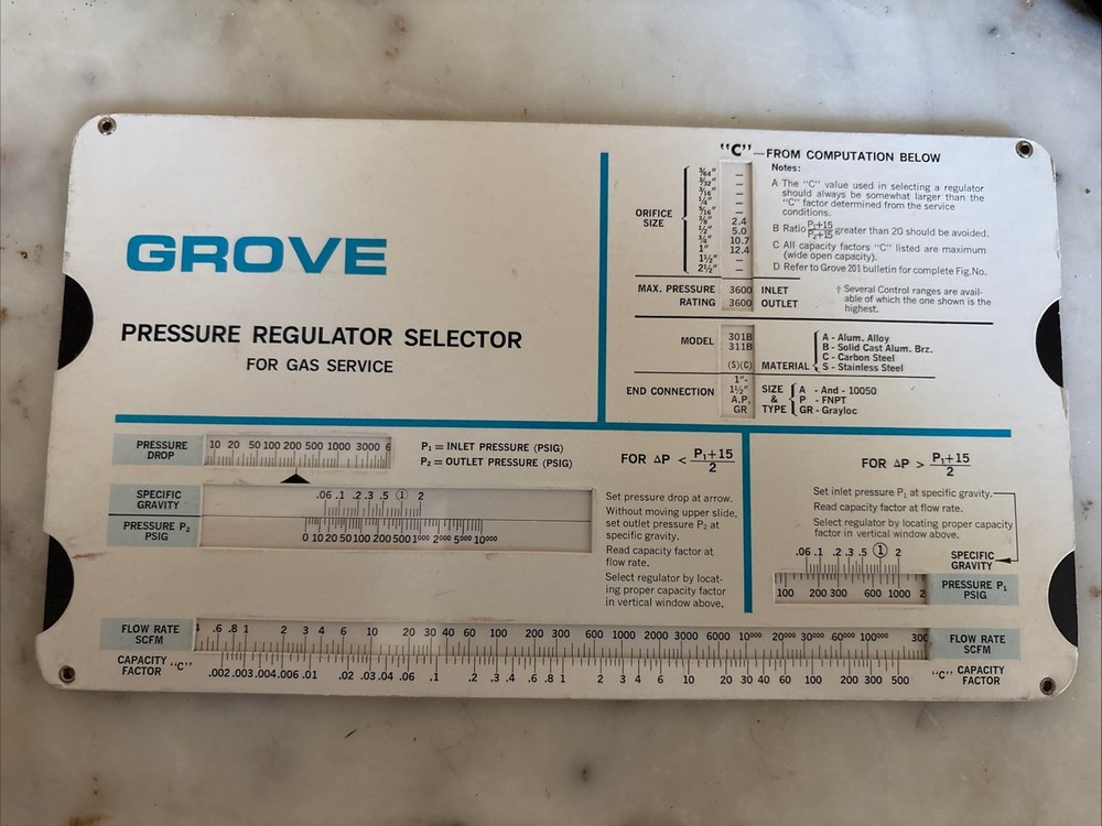 Grove Pressure Regulator Selector Slide Rule A5
