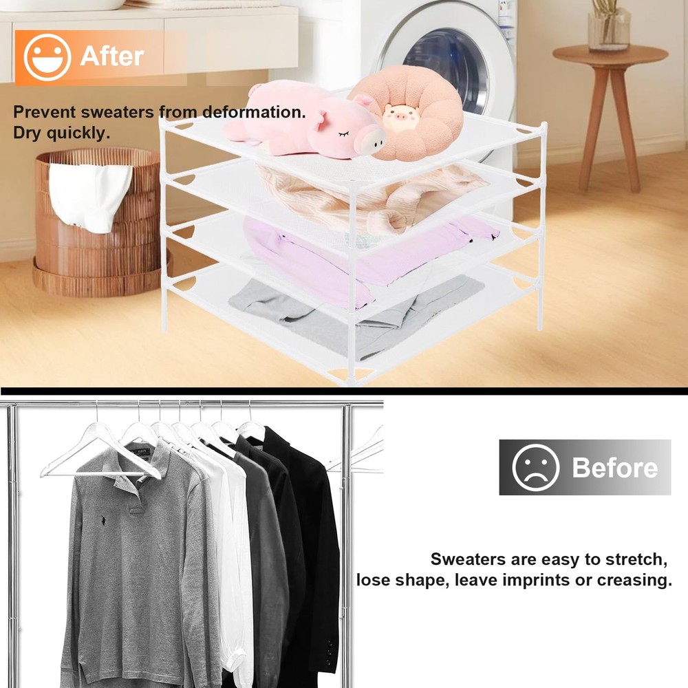 Sweater Drying Rack 4-Layer Clothes Flat Mesh Clothing Stackable Laundry