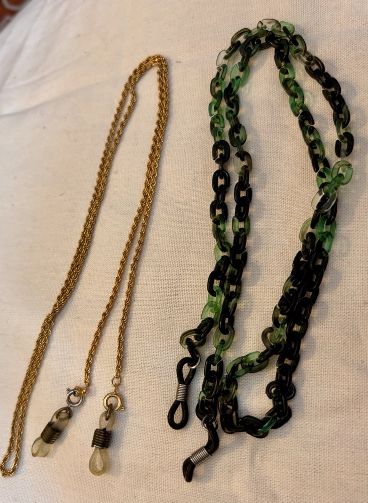 Two Eyeglass Chains; One New Acrylic Link; One gold tone Chain