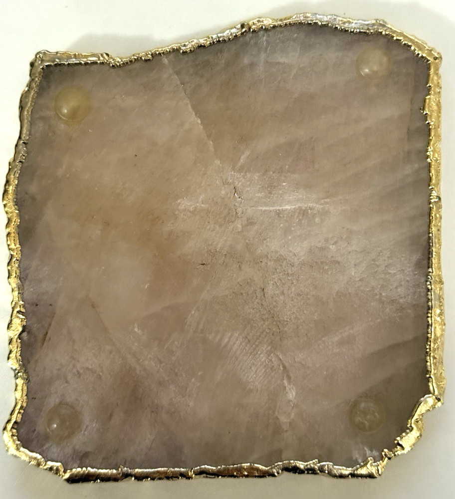 Rose Quartz Decor Coaster, Natural Pink Crystal Coaster Gold Edge