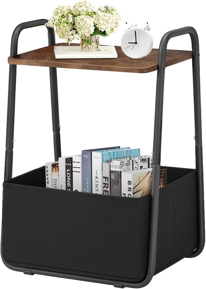 Rustic Brown Metal Nightstand Side Table with Fabric Basket Handle