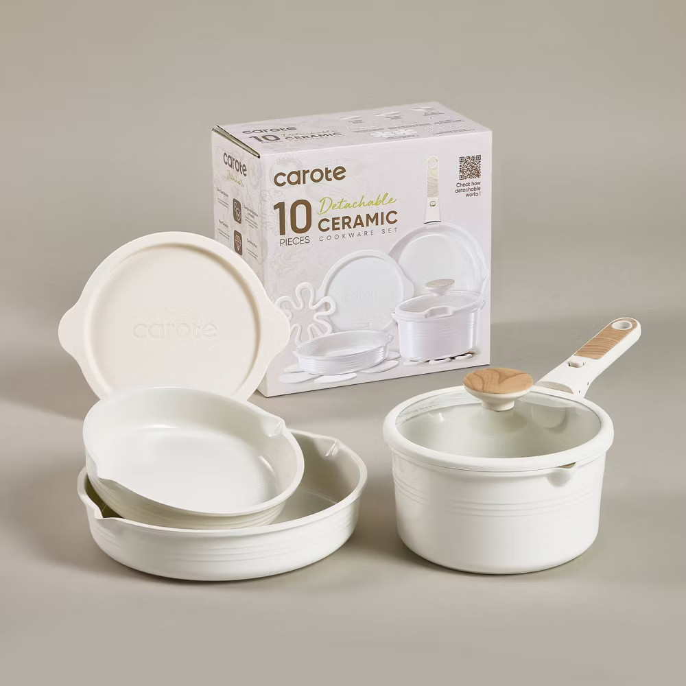 Carote 10pc Ceramic Nonstick Cookware Set with Detachable Handle Cream