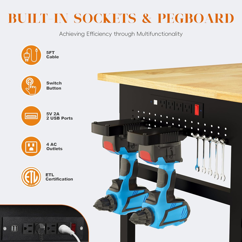 Betterhood 60" Heavy Duty Adjustable Workbench with Large Pegboard & LED Light,