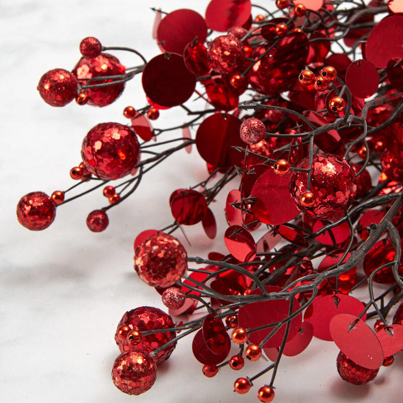 24" Red Glitzy Glittered Ball and Sequin Decorative Bush