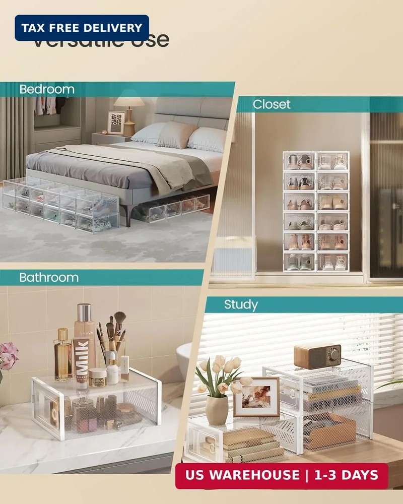 SONGMICS Stackable Shoe Boxes, Foldable Shoe Storage Organizers, Ventilated, for