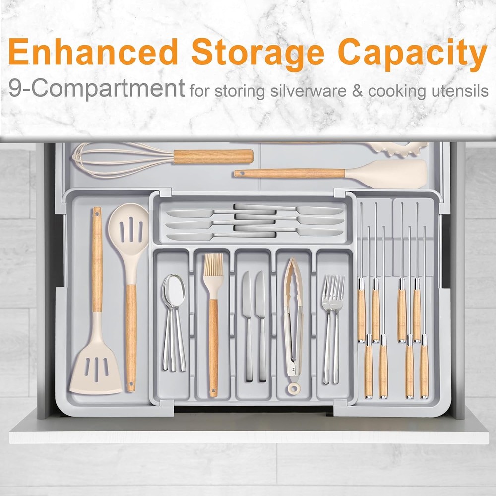 Silverware Drawer Organizer for Kitchen, Adjustable Utensil Grey