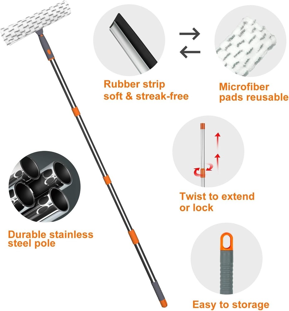 Complete Window Cleaning Kit: 12" Squeegee, 11" Microfiber Pad & Extendable Pole