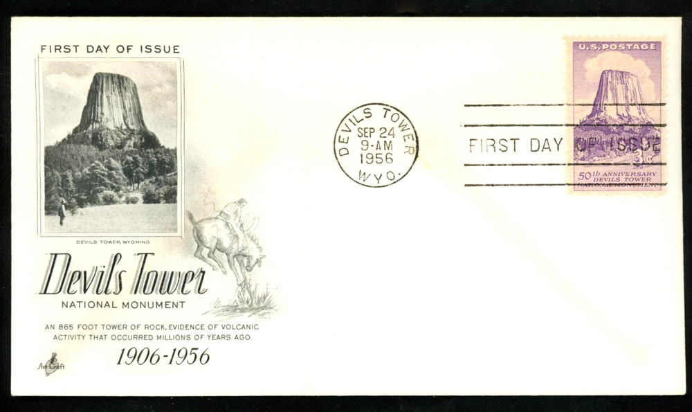 DEVILS TOWER NATIONAL MONUMENT WYOMING ARTCRAFT CACHET FDC 1956 UNADDR