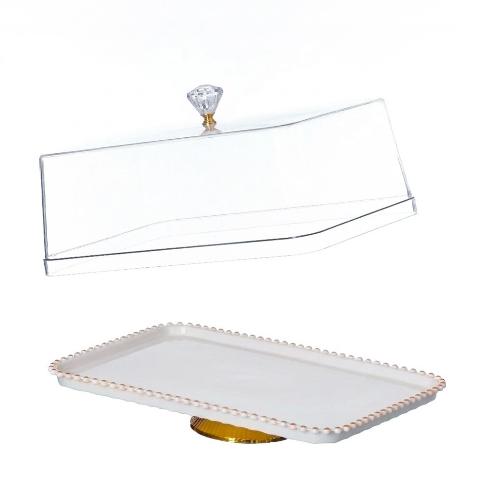 New Basicwise Plastic Cake Stand with Clear Flat-Top Cover and Gold Handles