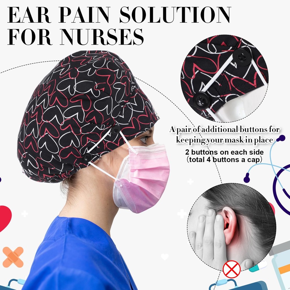 4 Pieces Bouffant Caps with Button Sweatband Adjustable Nurse Working Hat