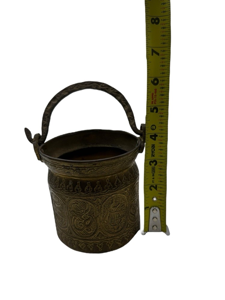 Antique Tooled Engraved Etched Solid Brass Middle Eastern Pot Bucket Handmade
