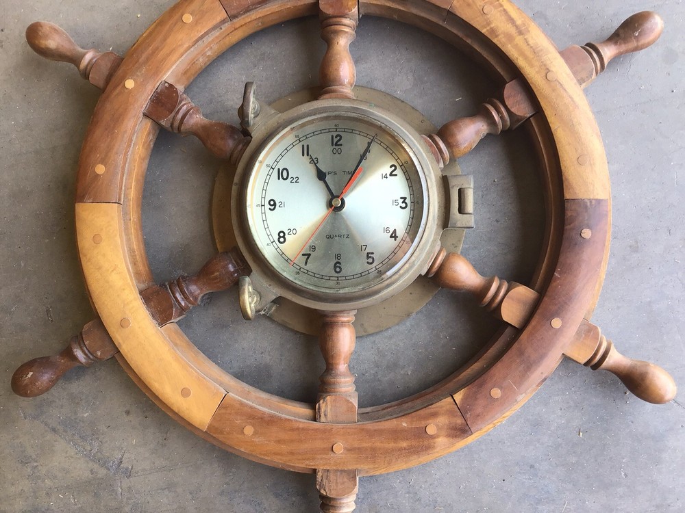 Ship’s Time Quartz Wheel Clock, Solid Wood/Brass 24.5”