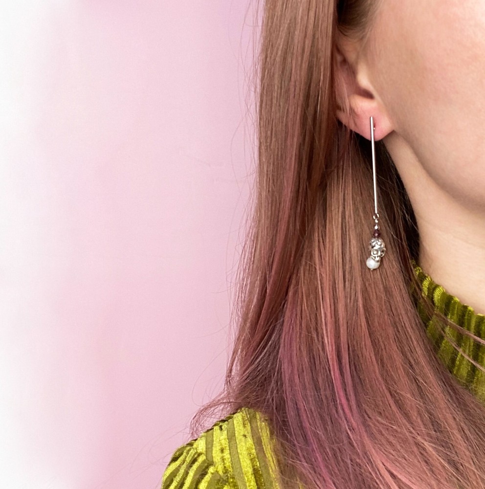 Long skull earrings dangle, real pearl earrings silver tone