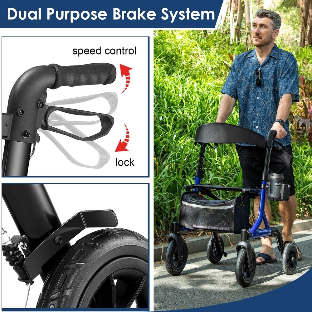 MAXWALK All-Terrain Rollator Walker for Seniors 10"Rubber Wheels Foldable Walker