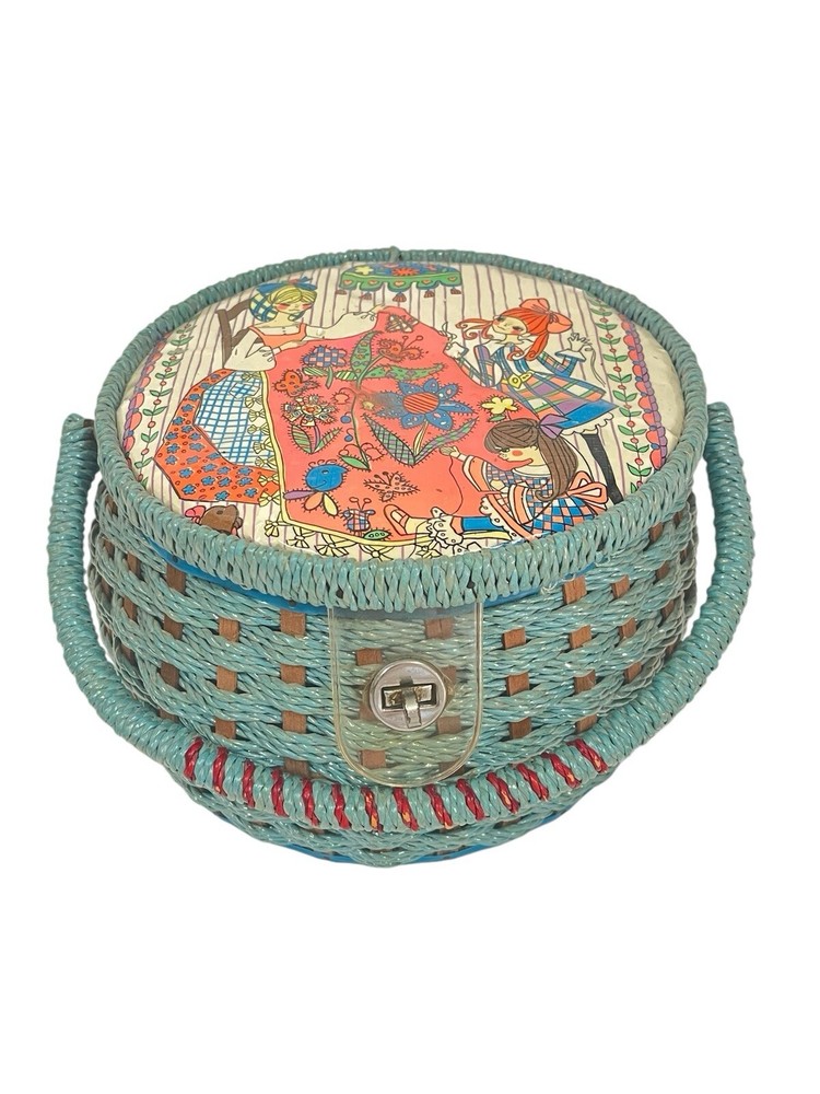 VTG BLUE WICKER ROPE GIRLS SEWING  BASKET