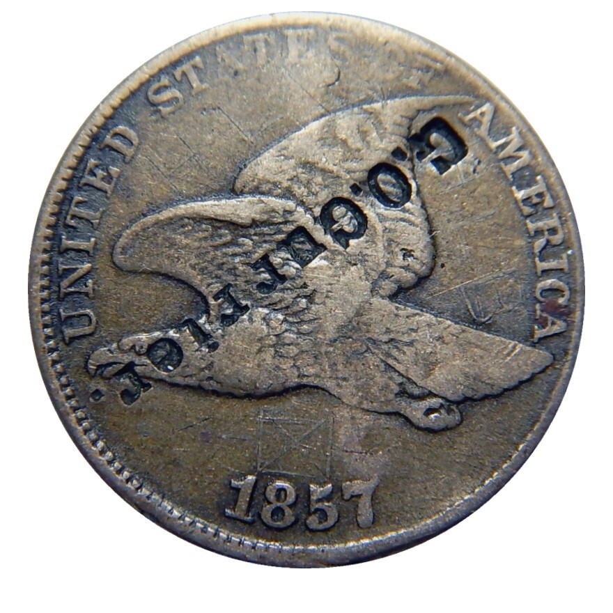 Flying eagle cent/penny 1857 typewriter script counterstamp G.O. Currier.