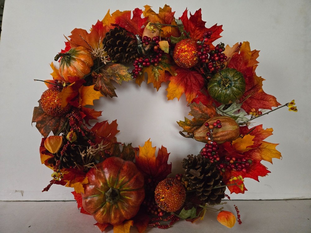 Fall Wreath 21’’Artificial Autumn Front Door Wreath with Orange Pumpkins