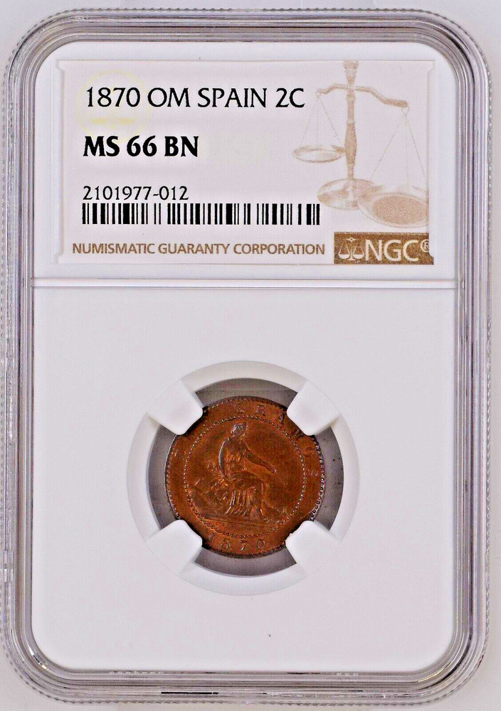 1870 OM Spain 2 Centimos MS 66 BN NGC POP 5